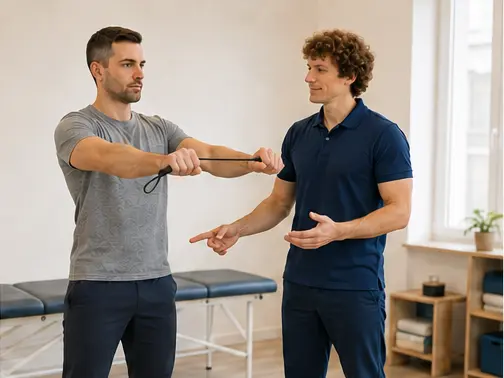 Esercizio terapeutico nella riabilitazione post-operatoria a Palermo Davide Mulè guida un paziente nella progressione dell’esercizio durante un percorso riabilitativo